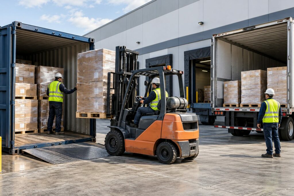 Forklift moving pallets between a container and a replacement trailer