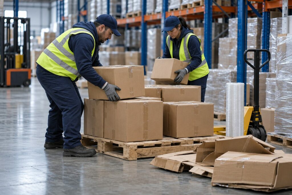 Crew sorting and restacking boxes from damaged pallets