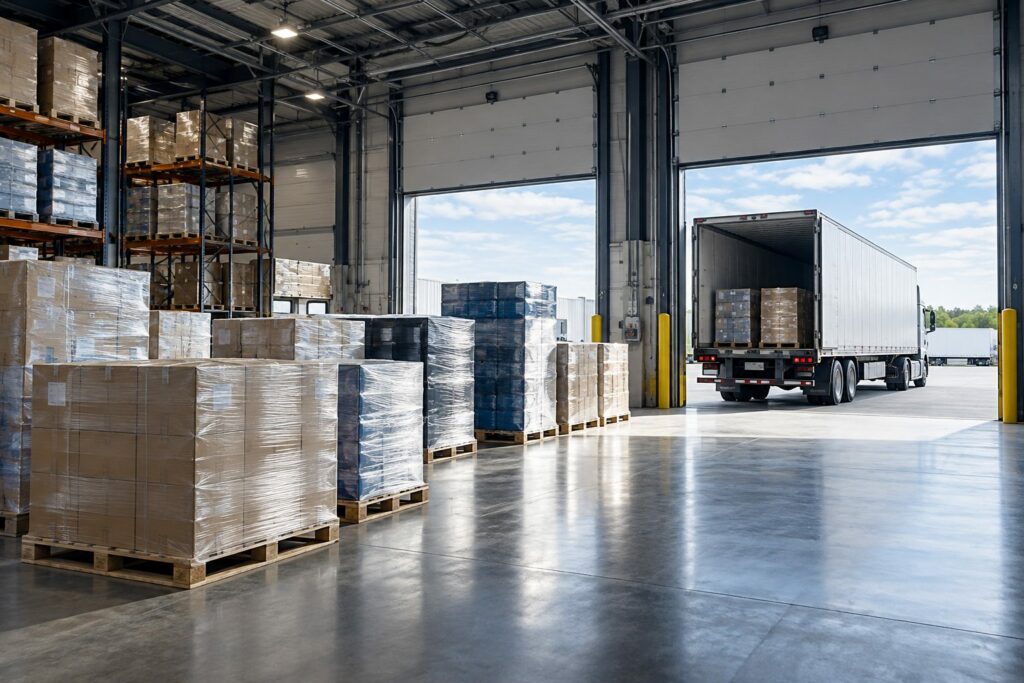 Wrapped pallets staged at a warehouse dock for freight transfer to a trailer