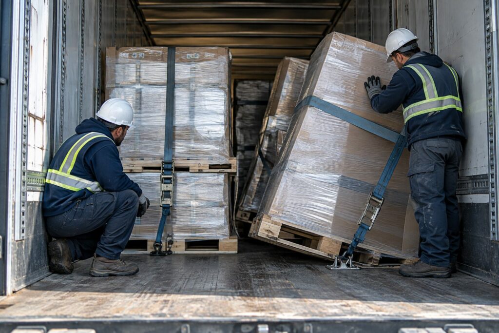 Crew strapping and correcting a shifted pallet inside a trailer