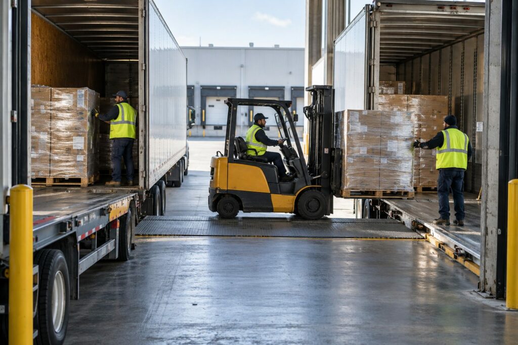 Forklift transferring palletized cargo from one trailer to another